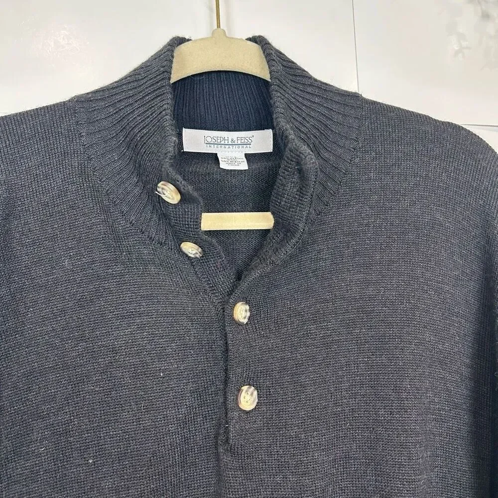 Joseph & Feiss Sweater Men XXL Merino Wool Dark Gray Quarter Button Pullover 2XL